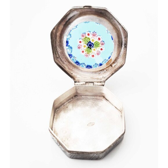 Vintage Italian Sterling Silver 925 Murano Millefiori Mini Blue Pill Box - Picture 2 of 9
